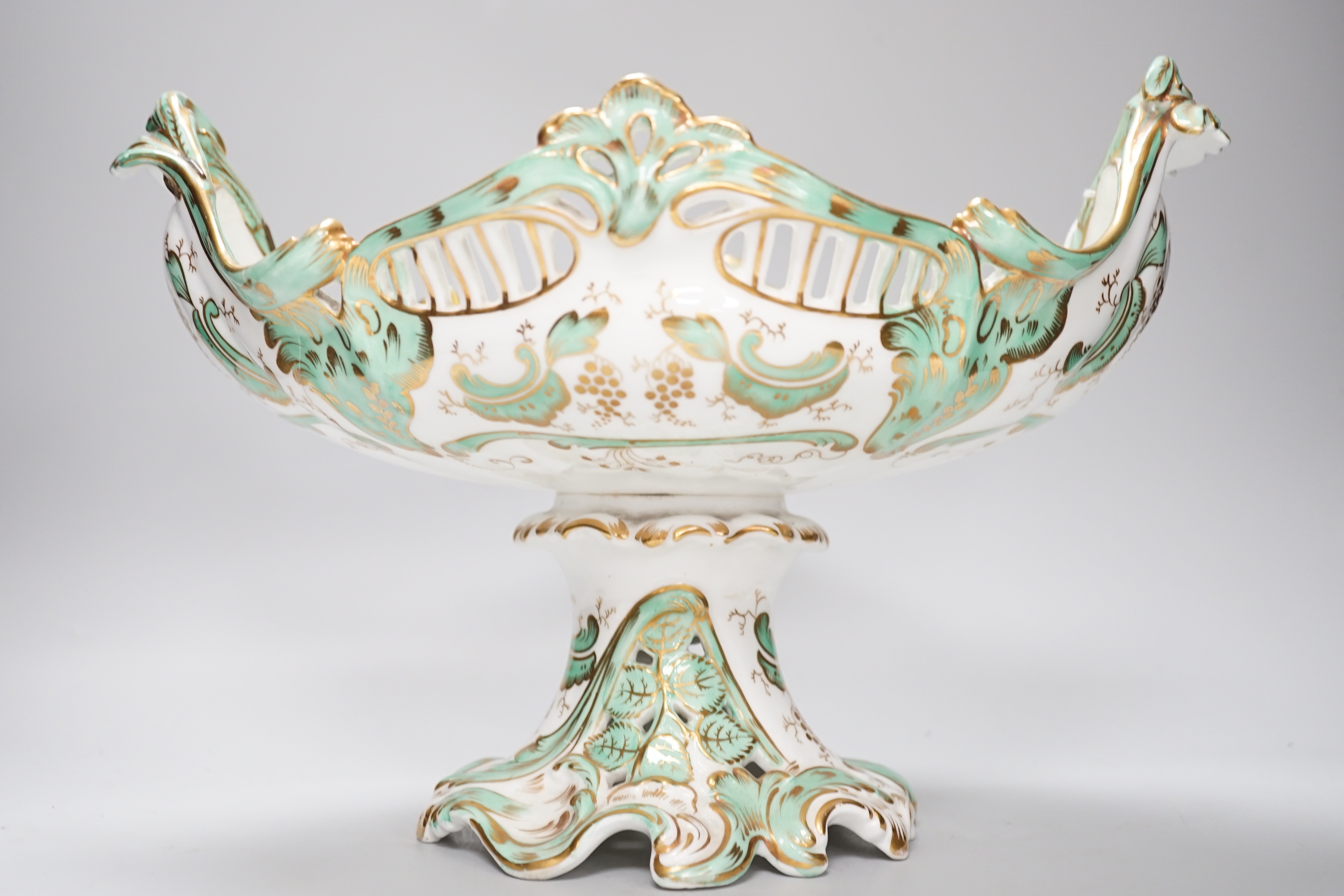 A Coalport tureen, similar ladle and a Victorian pedestal bowl or centrepiece, the largest 35cm wide